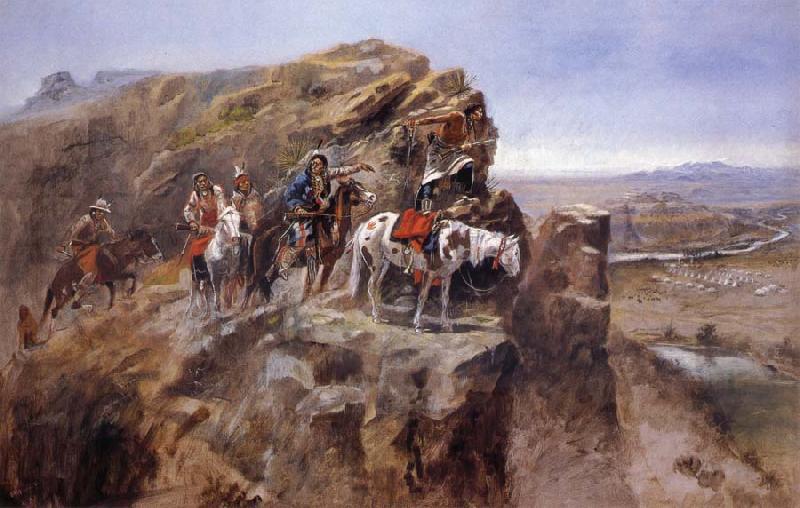 Charles M Russell Indians on a Bluff Surverying General Miles-Troops France oil painting art